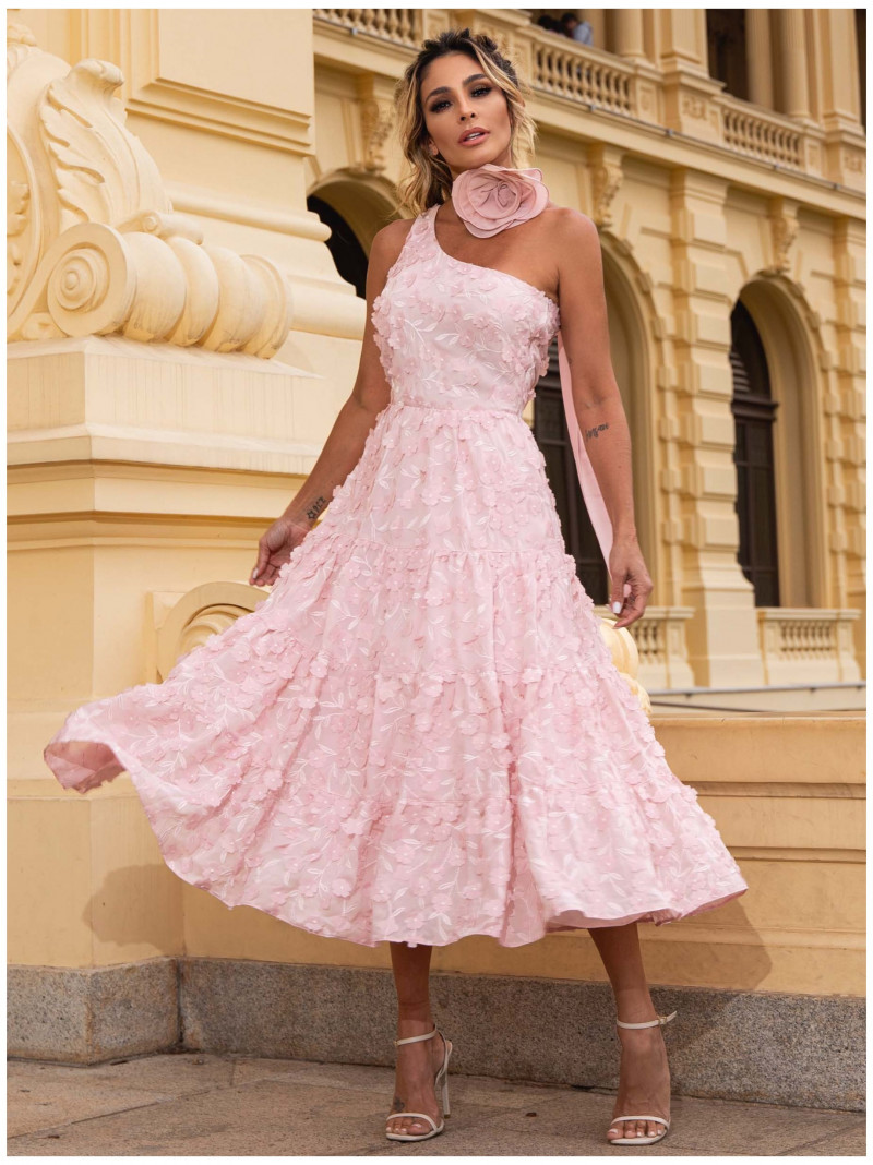 Vestido Chiffon Com Aplicações de Flores rose Luzia Fazzolli
