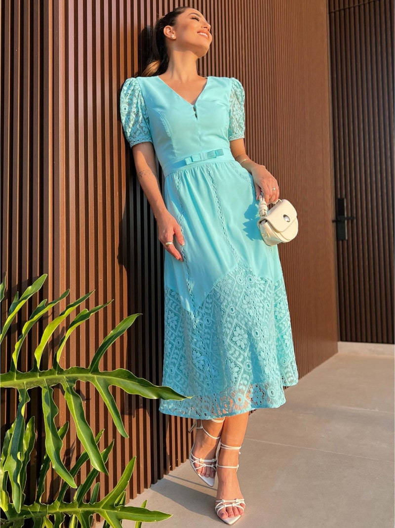 Vestido Renda Detallhe Entremeios Azul Luzia Fazzolli