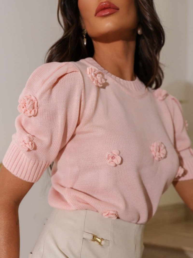 Blusa Tricot Rosa Com Aplicações De Flores Luzia Fazzolli