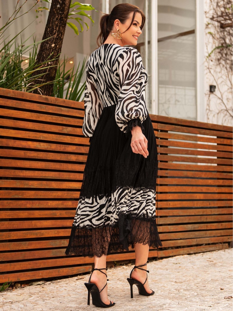 Vestido Chiffon Plissado Estampado Zebra Luzia Fazzolli