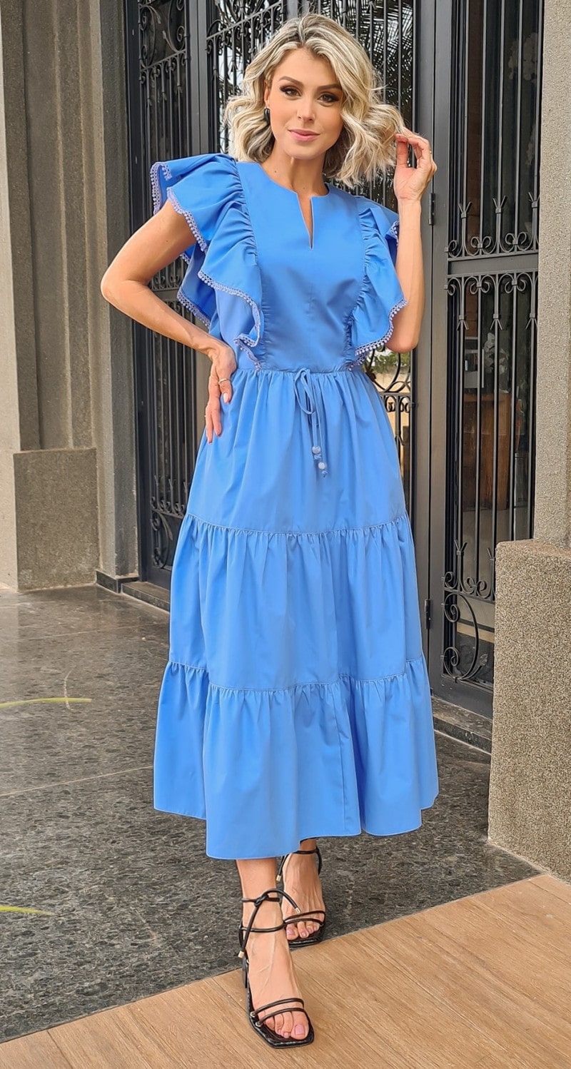 Vestido Tricoline Azul Luzia Fazzolli